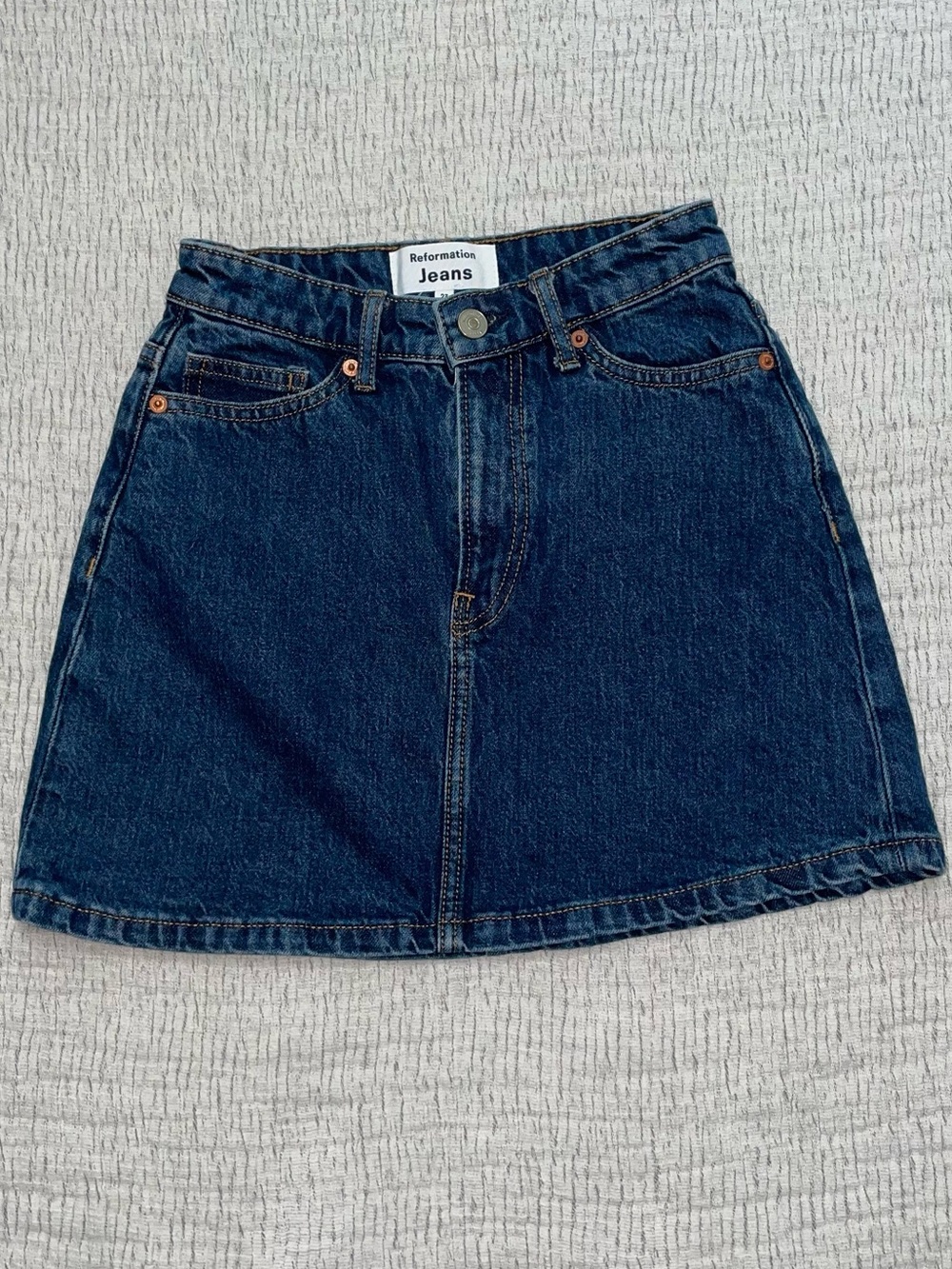 Reformation  Denim Mini Skirt Size 23 LYDIA High-Rise Dark Wash Navy Blue